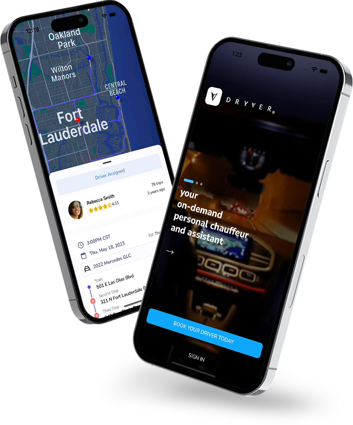 Dryver app screenshots showing driver assignment and trip details