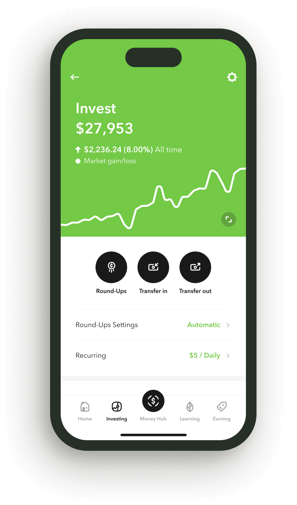 The Acorns Invest app shown on a smartphone screen, from the Acorns website
