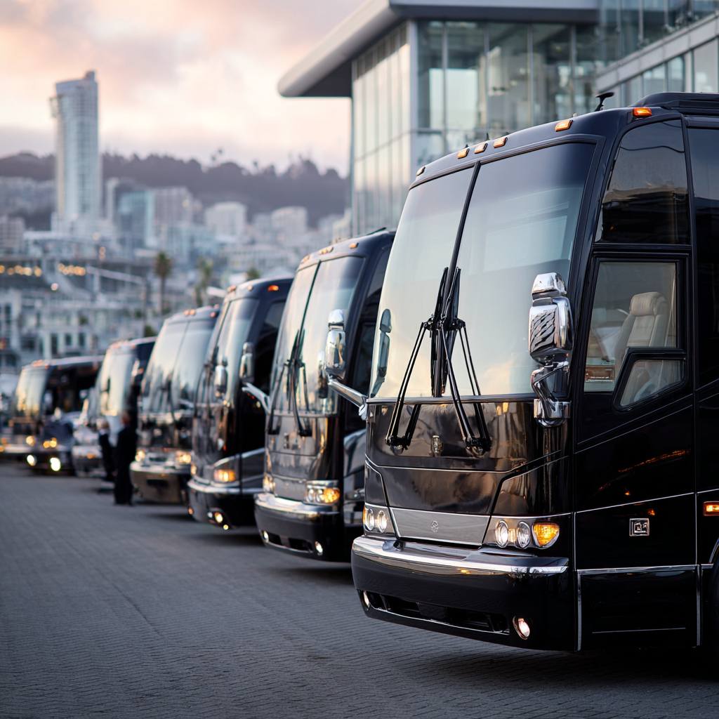 Row of Swoop luxury charter buses parked at dusk