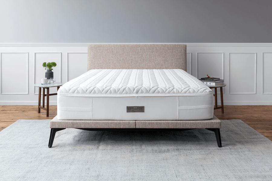 Wright W1.27 memory foam mattress on a bed frame, current product photography