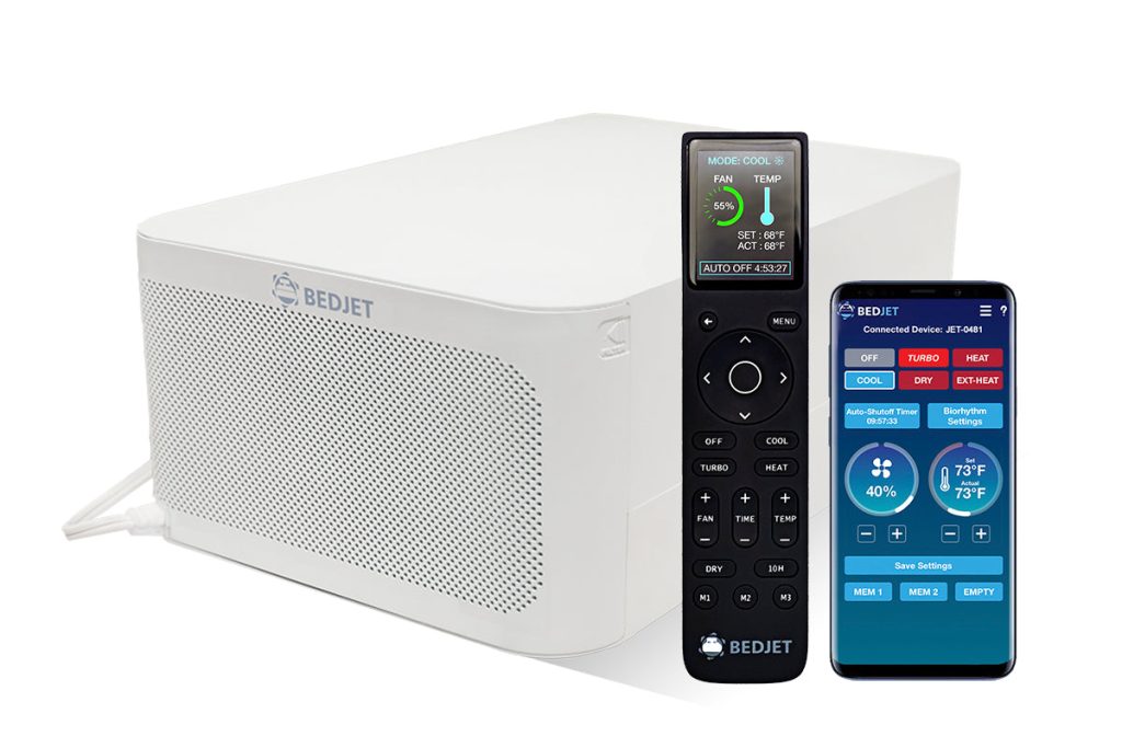 BedJet 3 climate comfort sleep system unit with remote and phone app, current product photography
