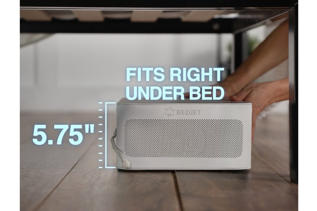 BedJet climate comfort unit fitting under a bed frame