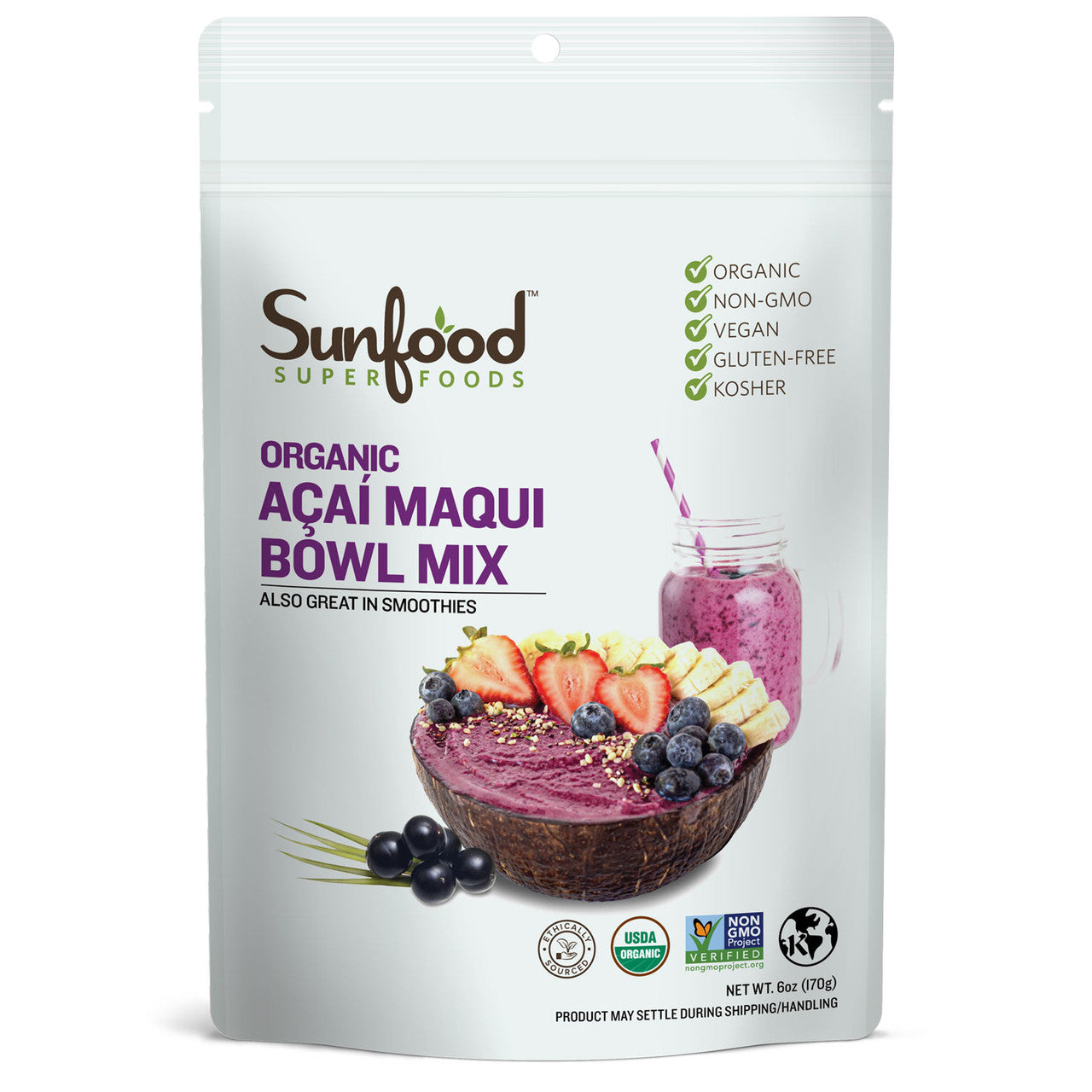 Sunfood Acai Maqui Bowl Mix product package, from the Sunfood website