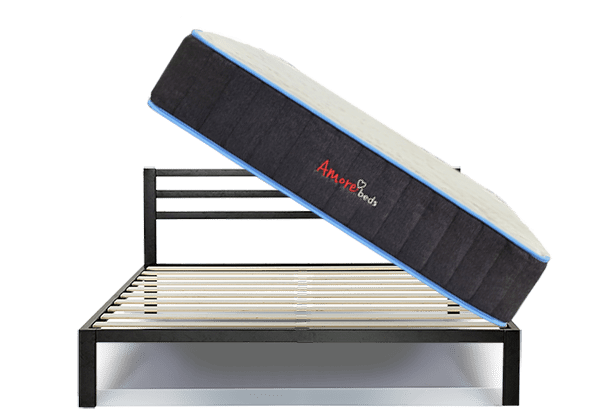 Amore Beds Flippable Hybrid Copper mattress balanced on a bed frame, current product photography
