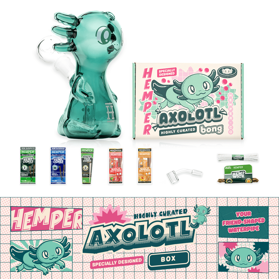 HEMPER subscription box contents including a themed glass bong and smoking accessories, product photo