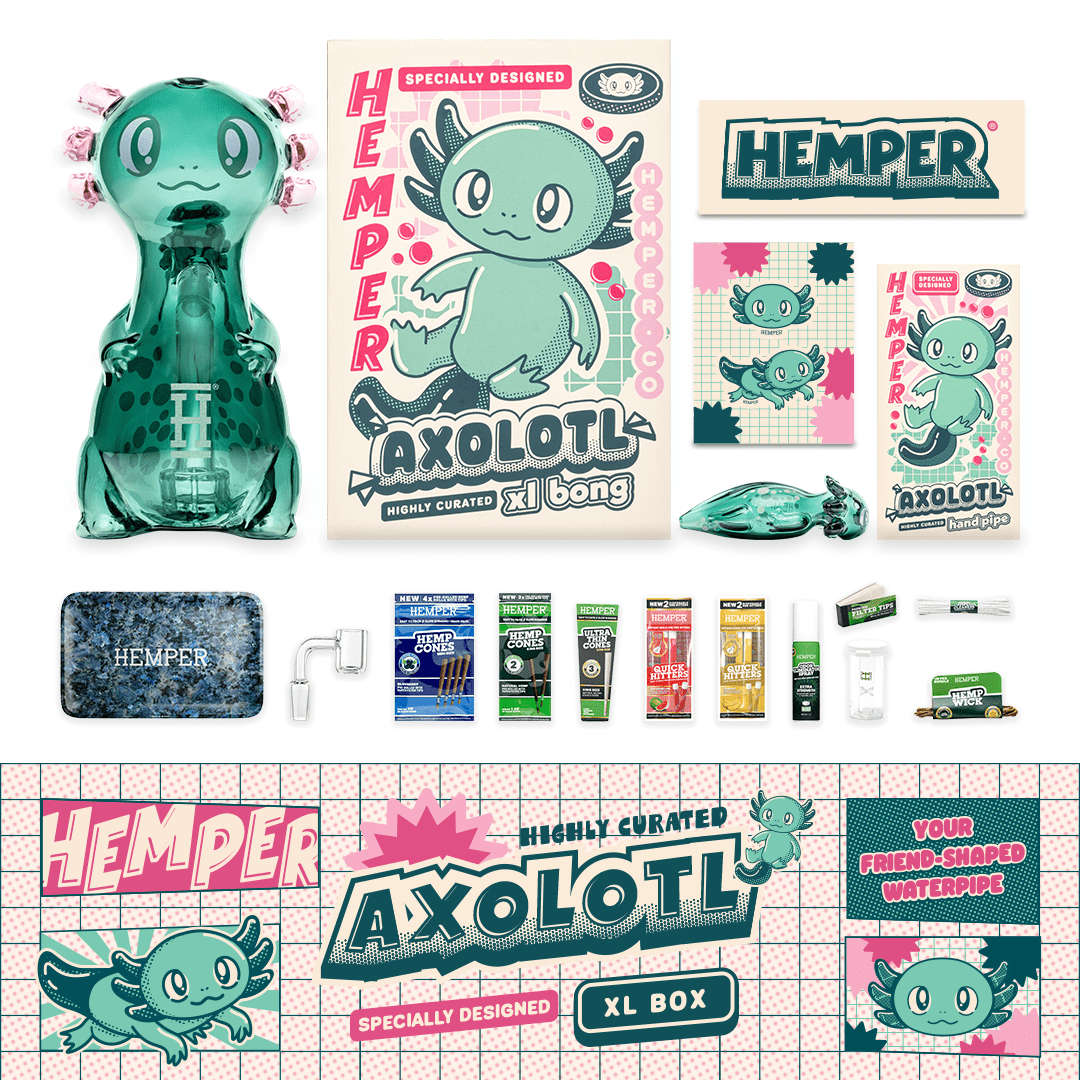 HEMPER Box XL subscription box contents including a themed glass bong and additional smoking accessories, product photo