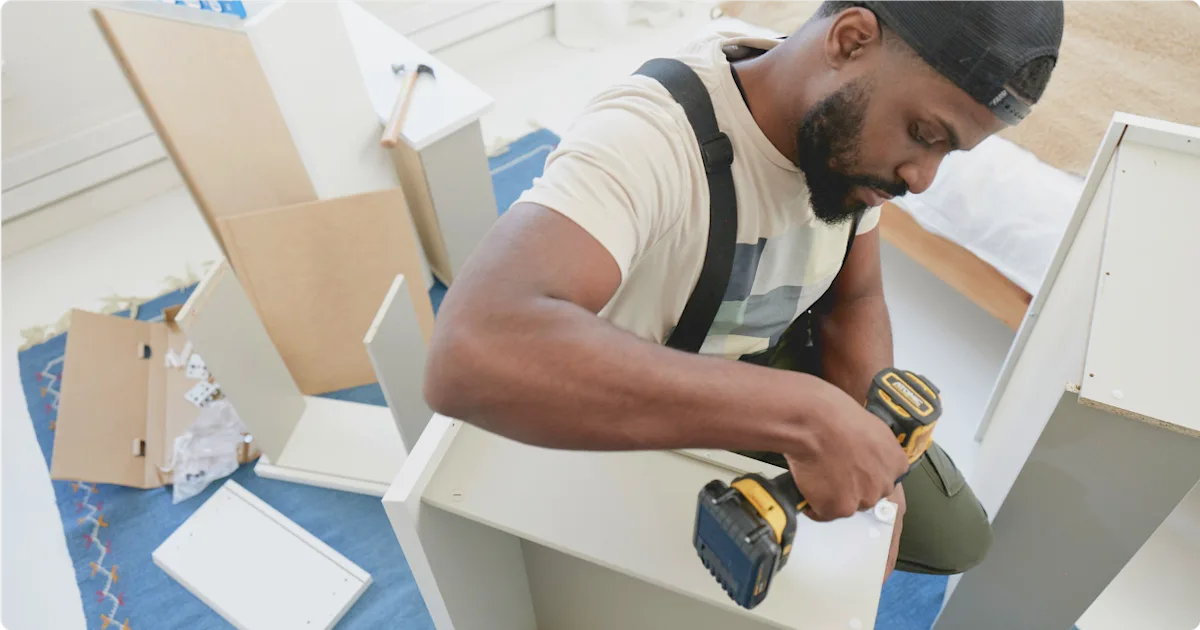 A Tasker assembling furniture, from the TaskRabbit website