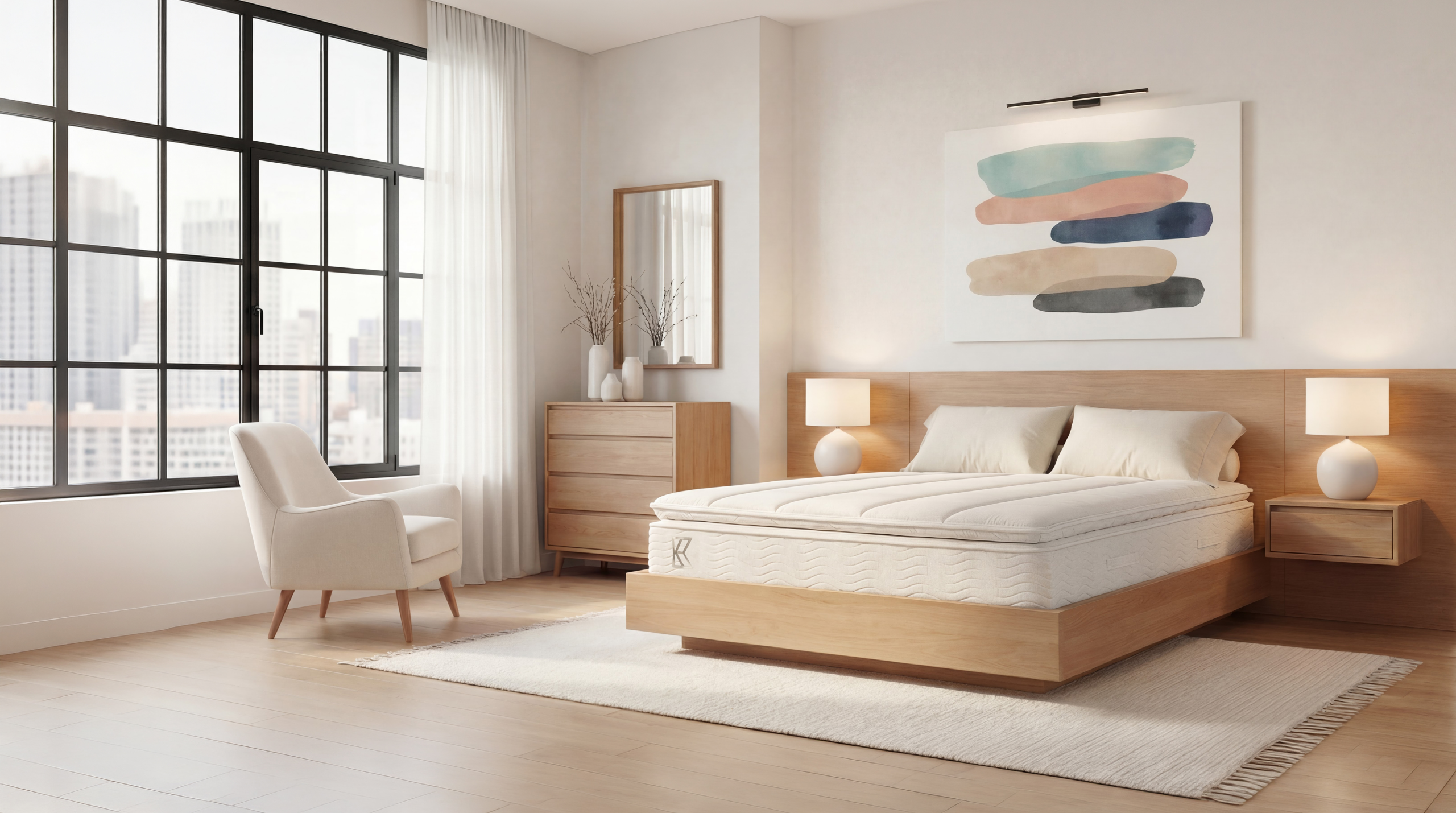 The Keetsa Pillow Plus mattress in a bedroom setting, current product photography