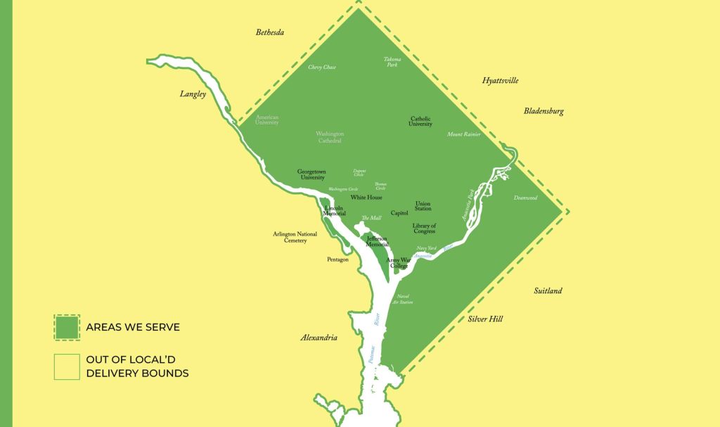 Local'd delivery coverage map for the Washington D.C. area