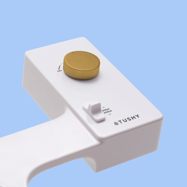 Tushy Classic 3.0 bidet attachment control knob, white with brushed brass knob