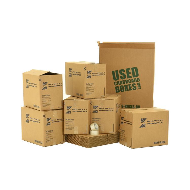 Used Cardboard Boxes medium moving kit with stacked used boxes and packing tape, product photo