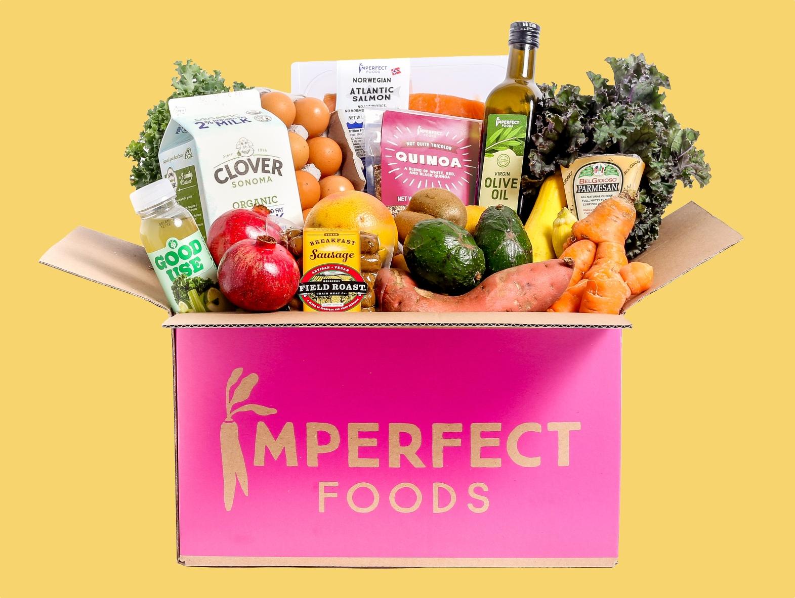 Open Imperfect Foods delivery box filled with produce and groceries