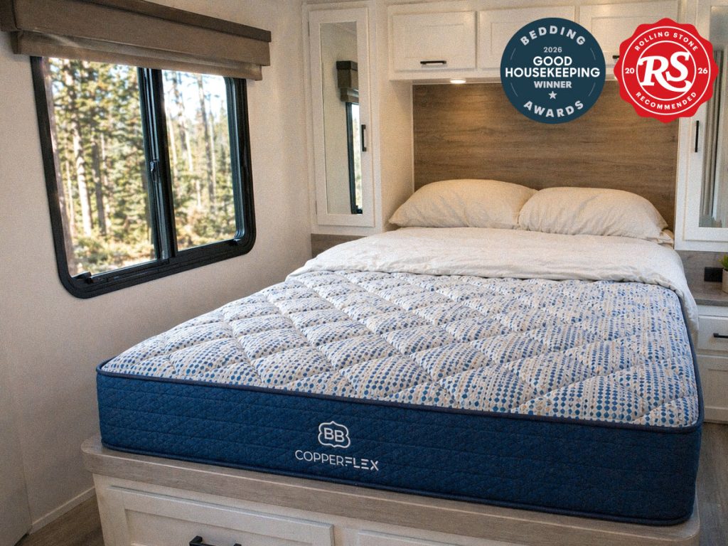 Dreamfoam Bedding CopperFlex mattress in an RV bedroom, current product photography