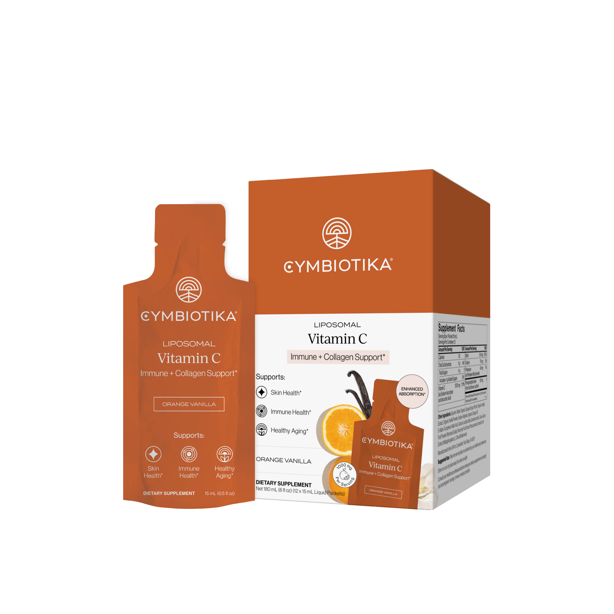 Cymbiotika Liposomal Vitamin C packet and box, Orange Vanilla, product photography from the Cymbiotika website