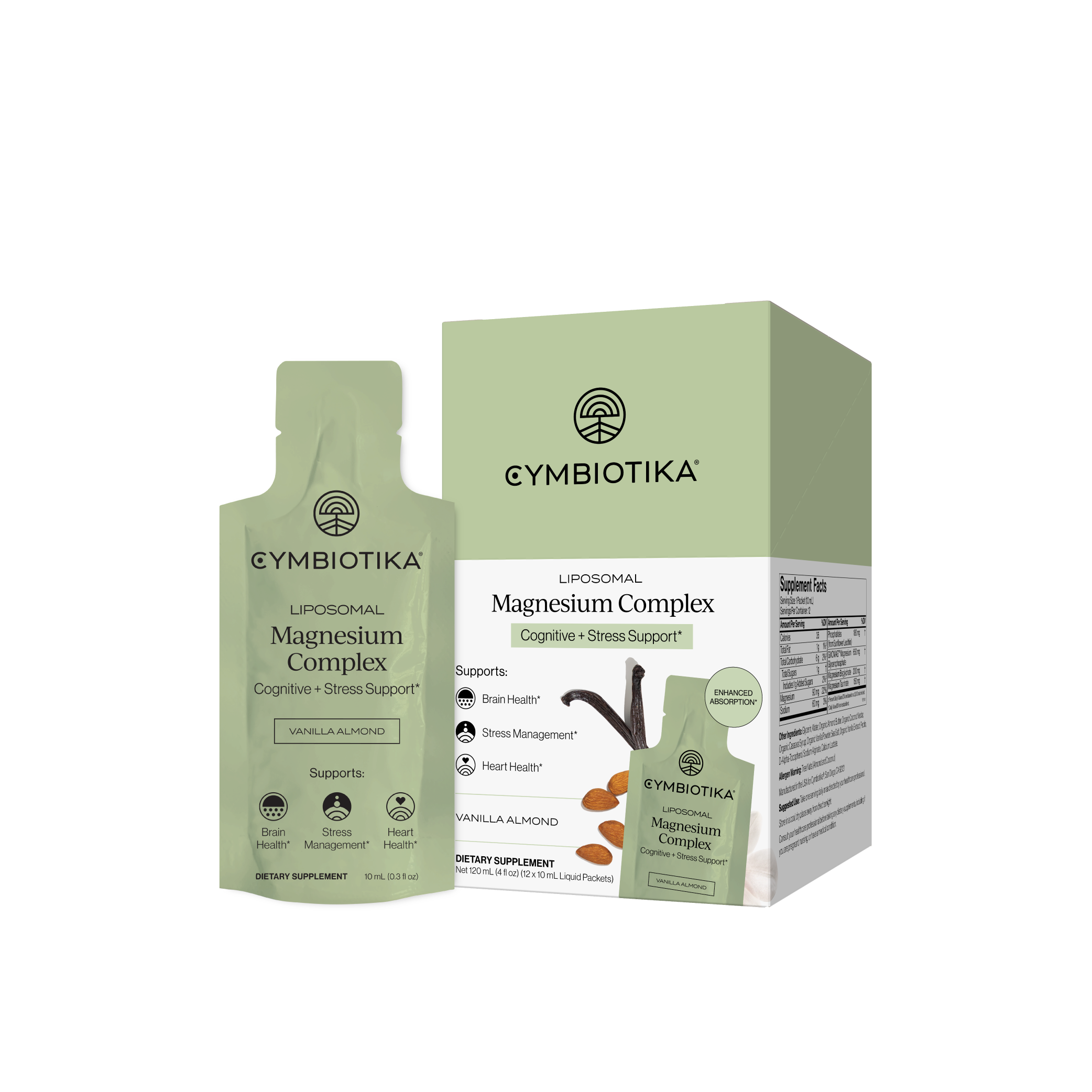 Cymbiotika Liposomal Magnesium Complex packet and box, Vanilla Almond, product photography from the Cymbiotika website