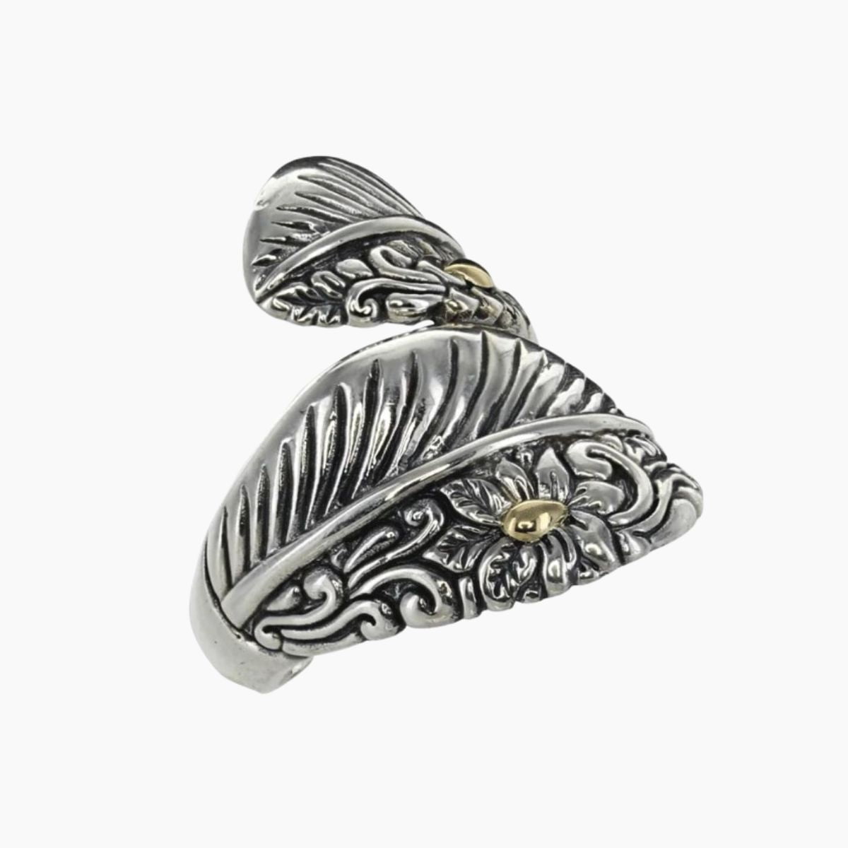 A sterling silver wrapped leaf ring with gold accent from Roma Designer Jewelry's current catalog