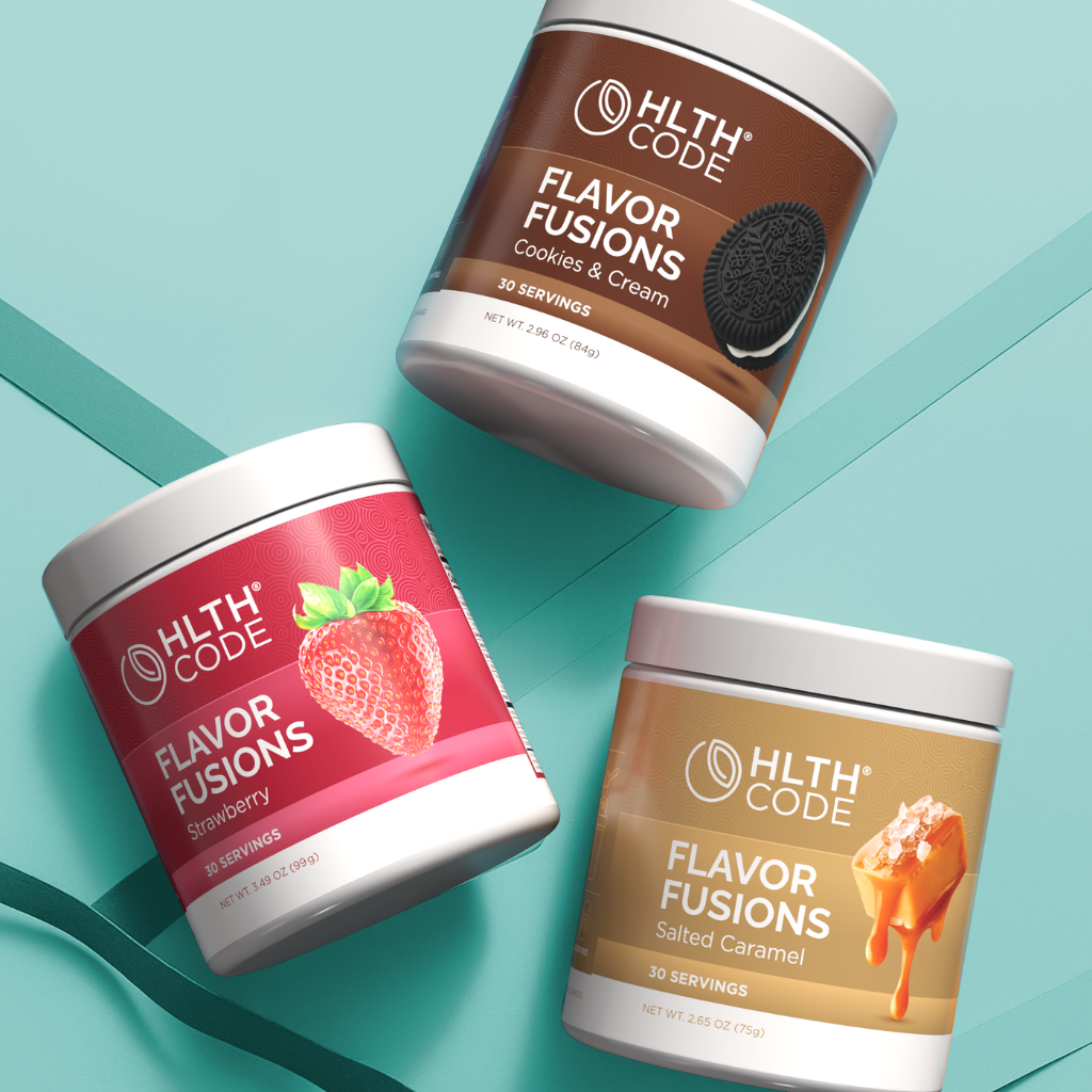 HLTH Code Flavor Fusions mix-in jars, product photography from the HLTH Code website