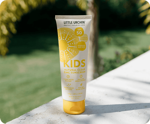Little Urchin Kids natural clear zinc sunscreen tube outdoors, from the Little Urchin website