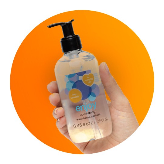 Hand holding a Lovehoney lubricant bottle