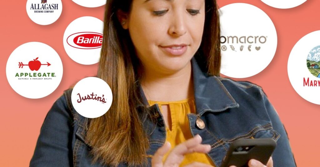Merryfield app shown in use alongside participating better-for-you brand logos