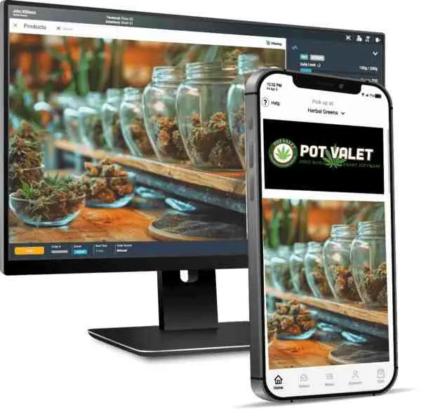 Pot Valet ordering platform shown on desktop and mobile with cannabis products