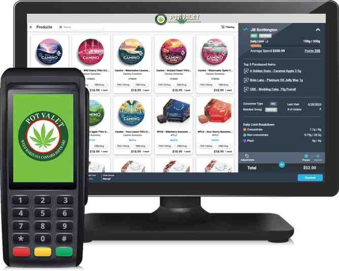 Pot Valet point-of-sale checkout screen with cannabis product listings