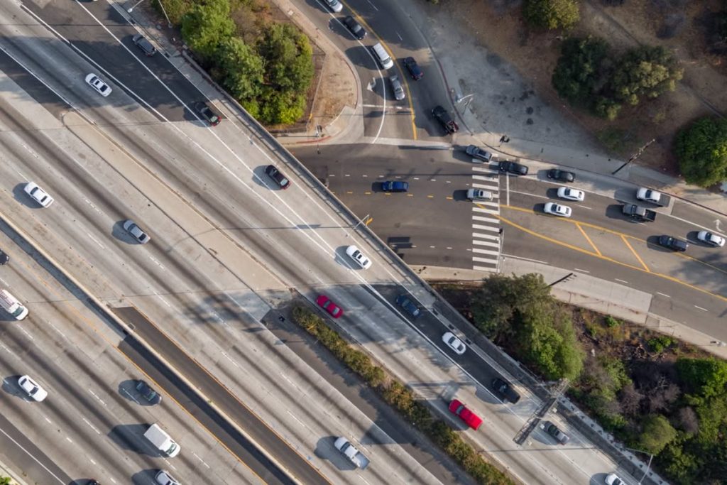 Aerial photo of highway traffic from Uber's About Us page