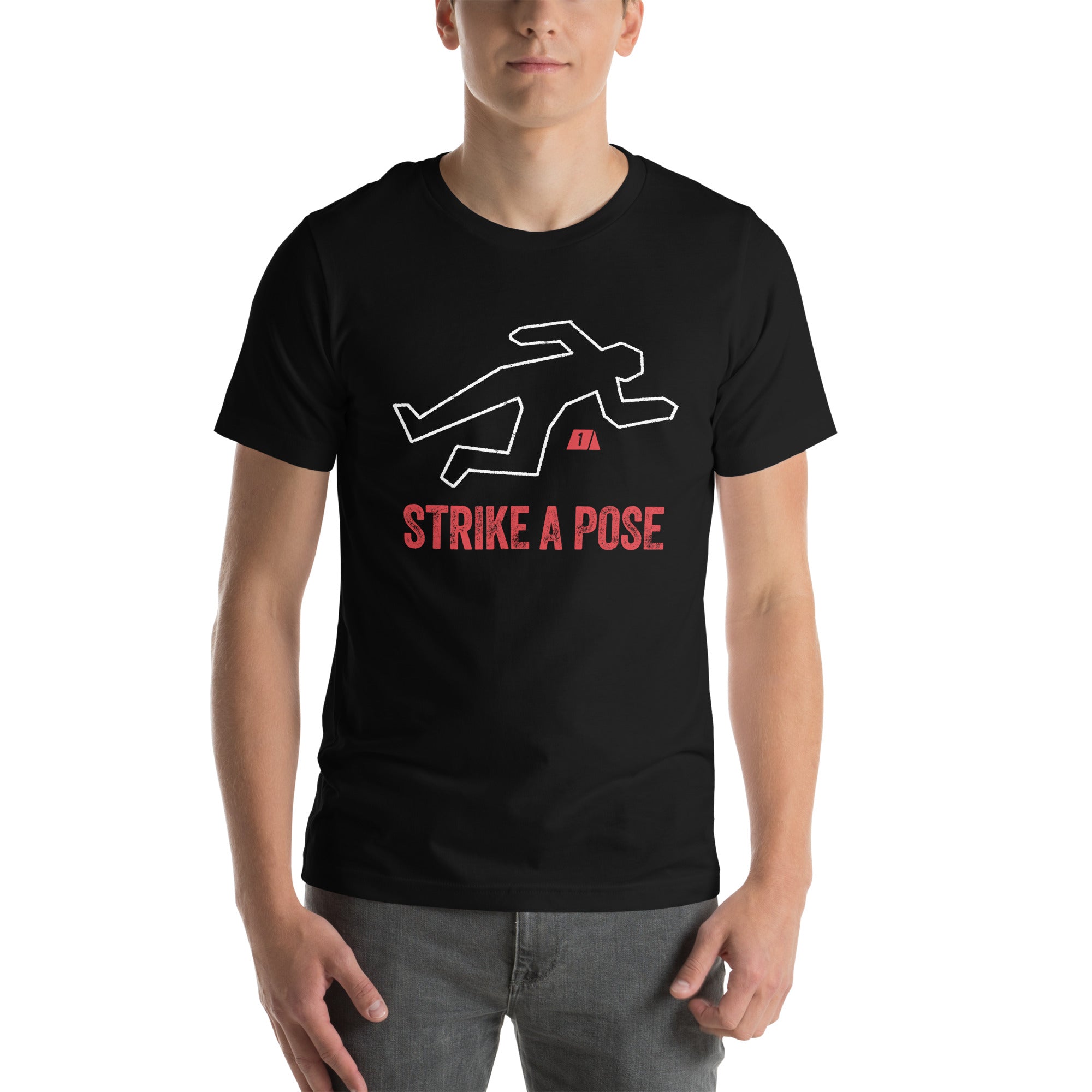 Hunt A Killer branded "Strike A Pose" t-shirt merchandise, from Hunt A Killer's current store
