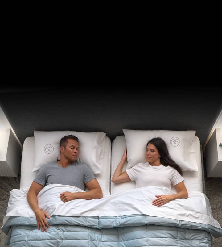 Current official Sleep Number photo of a couple on a smart bed at different firmness settings
