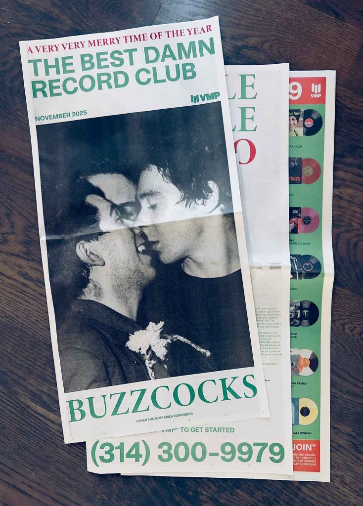 Vinyl Me, Please's Best Damn Record Club newspaper insert, November 2025 edition featuring Buzzcocks