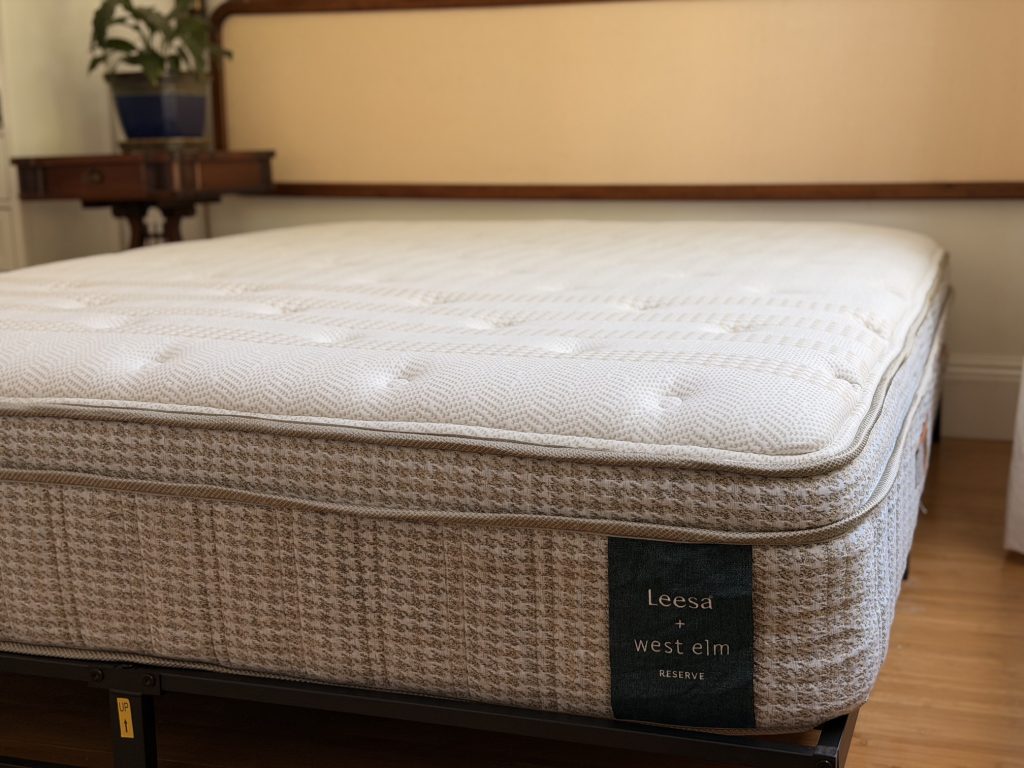 Leesa + West Elm Reserve mattress with GreenFlex BioFoam, corner view showing the quilted euro-top and woven side panel