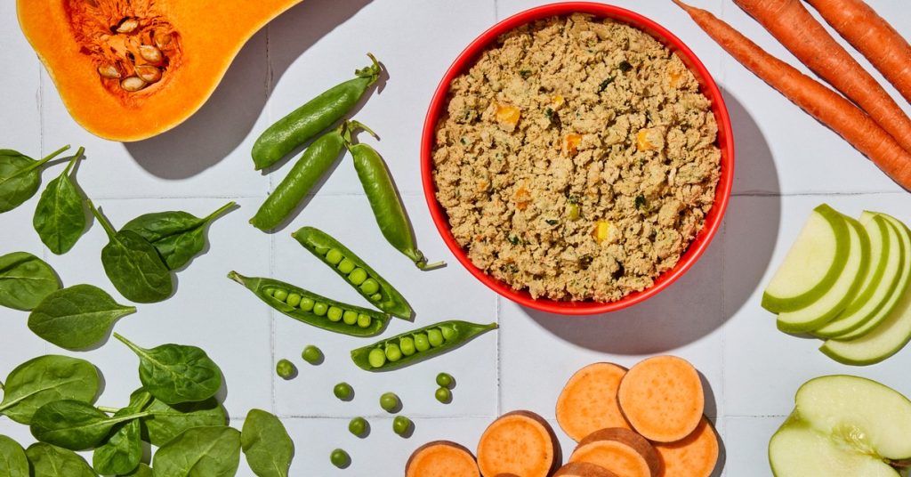 A bowl of Ollie fresh dog food surrounded by whole carrots, peas, spinach, sweet potato, butternut squash and apple