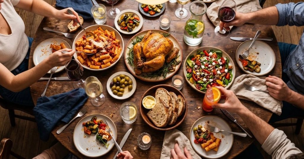 Friends sharing pasta, roast chicken, salad and bread around a wooden restaurant table
