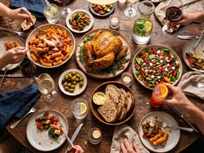 Friends sharing pasta, roast chicken, salad and bread around a wooden restaurant table