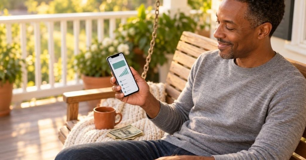 A man on a porch swing smiling at a rewards app on his phone, with a mug and a few dollar bills beside him