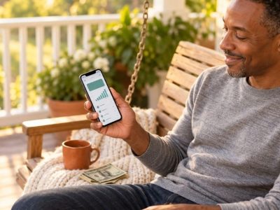 A man on a porch swing smiling at a rewards app on his phone, with a mug and a few dollar bills beside him